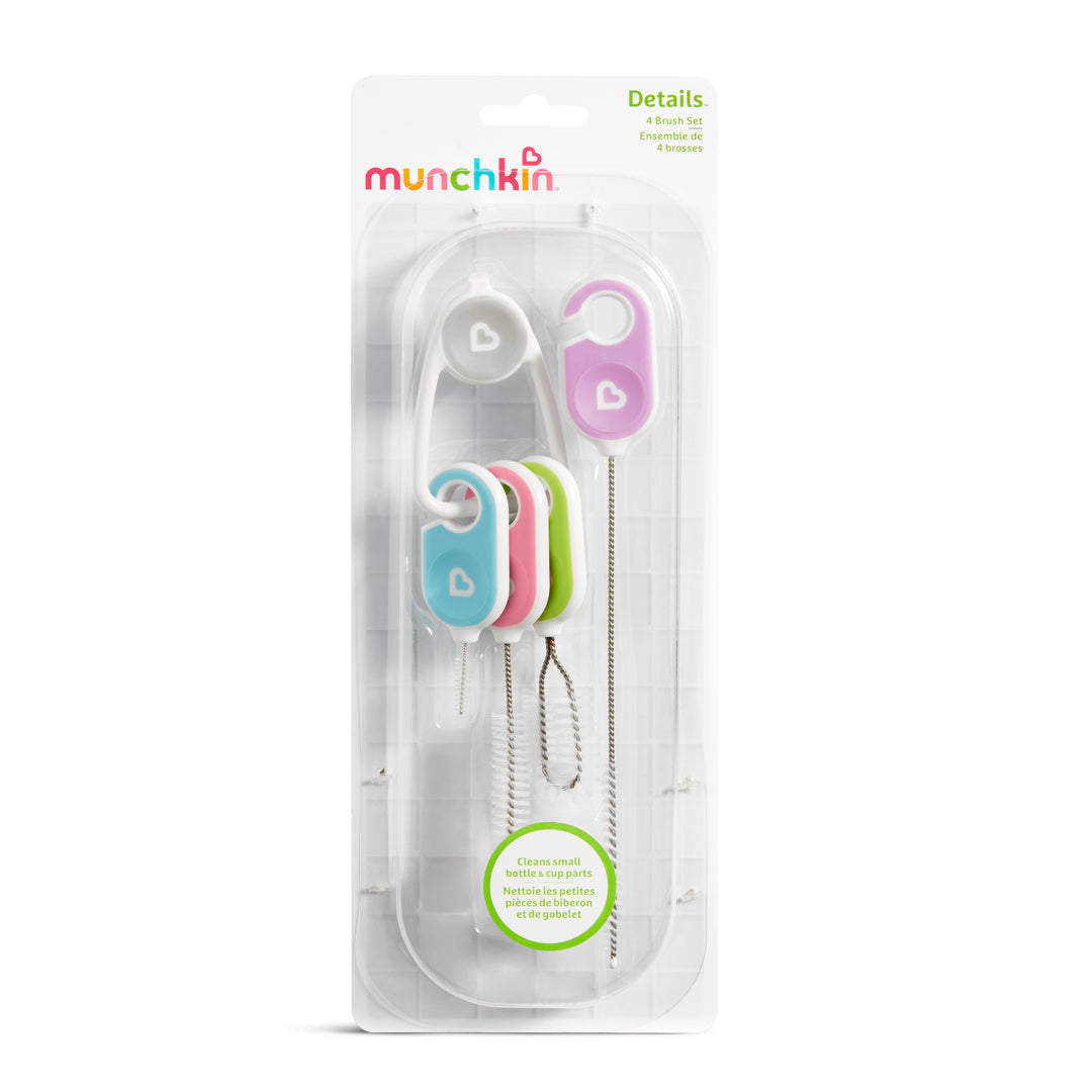 Munchkin Various Sized Bottle Cleaning Brush Set On Convenient Clip - 4 Pack